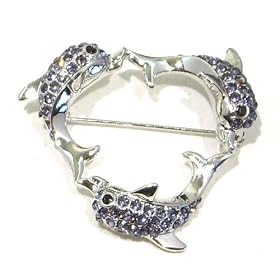Lavender Purple Austrian Rhinestone Silver-Tone Three Dolphin Heart Shaped Brooch Pin