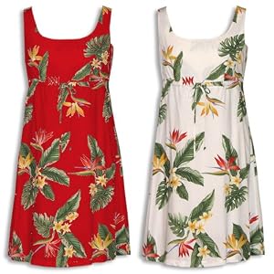 Empire Waist Drawstring Dress - Bird of Paradise Display Square Neck Hawaiian Aloha Slip-Over-The-Head Short Tank Dress - Regular and Plus Size
