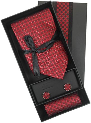Burgundy Checkered Mens Silk Tie Set: Necktie+hanky+cufflinks