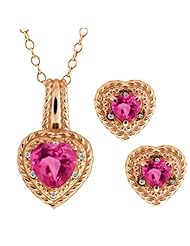 4.07 Ct Heart Shape Pink Mystic Topaz Gold Plated Silver Pendant Earrings Set