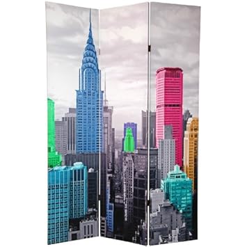 Oriental Furniture Big Size New York City Skyline, 6-Feet Photo Print Canvas Room Divider, Colorized NYC Black and White Skyscrapers