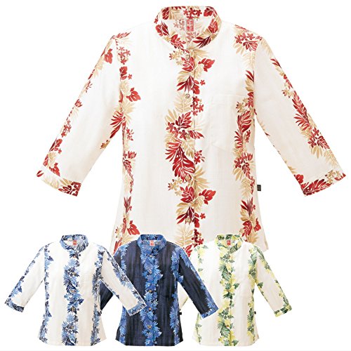 月桃物語 レディースかりゆしウェア・リーフストライプ柄(七分袖マオカラー)