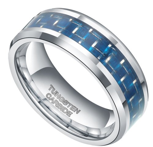 8mm Tungsten Carbide Ring Blue Carbon Fiber Inlay Wedding Engagement Comfort Fit