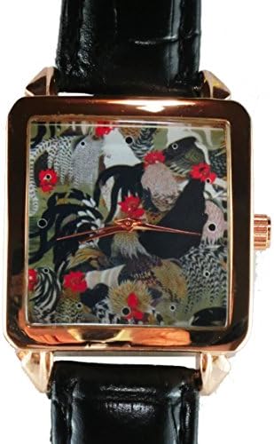 Luxtokey Unisex Ito Jakuchu Roosters Rose Gold Tone Square Case Black Leather Strap Wrist Watch