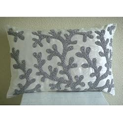 Silver Corals - Decorative Pillow Covers - Rectangle Pillow Cover with Bead Embroidery