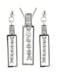 Sterling Silver Rectangular Frame 5 pieces Clear Cubic Zirconia Stone Inside Earrings and Pendant Set 16 inches chain