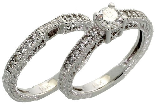 14k White Gold 2-Piece Wedding Ring Set, w/ 0.40 Carat (Center) & 0.33 Carat (Sides) Brilliant Cut Diamonds