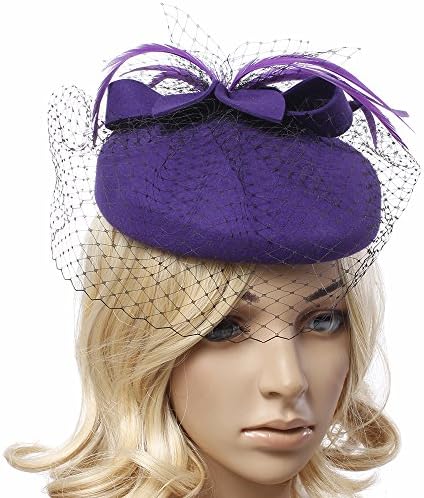 Women Socialite red Flower Decor Hair Clip Feather fascinator Top Hat Ladies pillbox Wool felt fascinator with Veil