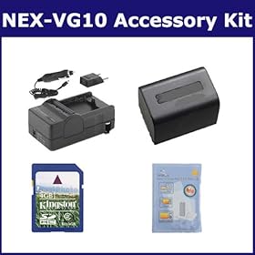 Sony NEX-VG10 Camcorder Accessory Kit includes: SDNPFV70 Battery, SDM-109 Charger, KSD4GB Memory Card, ZELCKSG Care & Cleaning