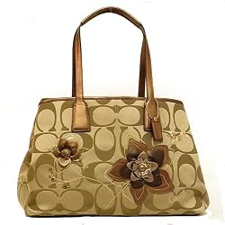 Coach Signature Sateen Flower Applique Framed Kisslock Carryall Satchel Bag Khaki Multi 17737