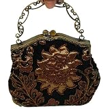 A Black Evening Handbag W/chain, Cover By Beaded Golden Yellow Flower and Leaves, A Very Attractive Bag.