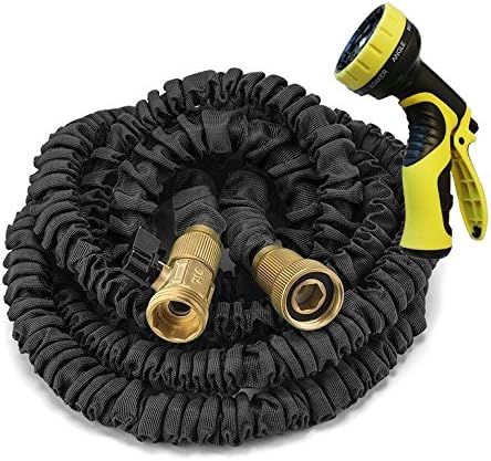 Expandable Garden Hose, Improved with Upgraded Strongest Brass Fittings and Toughtest Latex Core Extra Strength Fabric with a High Quality 9 Adjustable Patterns Spray Nozzle (100FT Black)