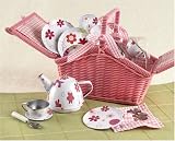 Girls Deluxe Toy Tin Tea Set with Pink Beauty Wicker Case