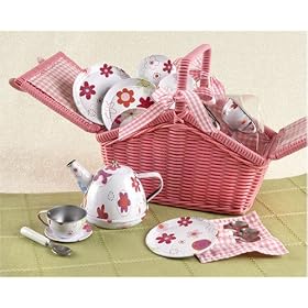 Girl's Deluxe Toy Tin Tea Set with Pink Beauty Wicker Case by 