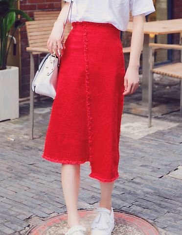 (ALLURE) デニム フレア スカート デニムスカート ロング丈 マキシ丈 レディース ラップ風 巻きスカート スリット 台形スカート レッド AF0510