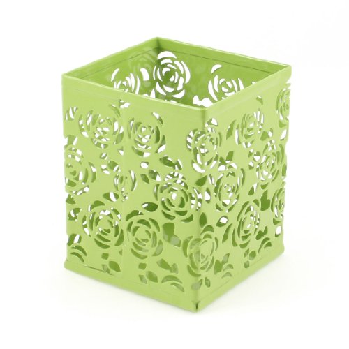 Light Green Hollow Rose Flower Square Metal Pen Pencil Pot Holder Organizer