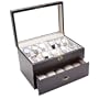 Vintage Dark Walnut Finish Wood Clear Glass Top Watch Box Display Storage Case Chest Holds 20+ Watches With Adjustable Soft Pillows and High Clearance for Larger Watches
