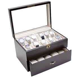 Vintage Dark Walnut Finish Wood Clear Glass Top Watch Box Display Storage Case Chest Holds 20+ Watches With Adjustable Soft Pillows and High Clearance for Larger Watches