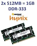 Produkt-Bild: 1GB Dual Channel Kit Mustang / Hynix original 2 x 512 MB 200 pin DDR-333 (PC-2700) SO-DIMM double side f&uuml;r DDR1 Notebooks
