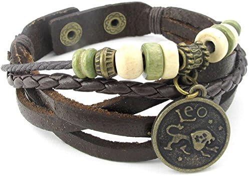 Mygoodie Jewelry Mens Womens Leather Bracelet, Handmade Constellation Zodiac Sign Logo Charms, Beads, Button, Adjustable Size Bangle, Brown