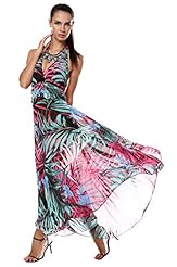 V-neck Chiffon Summer Halter Sleeveless General Print Full Length Backless  Dress