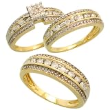 14k Gold 3-Piece Trio His (7mm) & Hers (6mm; 6mm) Wedding Band Set, w/ 0.75 Carat Brilliant Cut Diamonds (Men's Size 9 to 12; Ladies' Size 6 to 8)