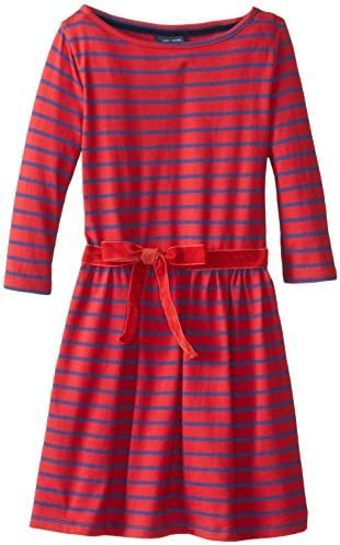 Tommy Girl Big Girls' Striped Dress with Ribbon Belt, Chili Red, Medium