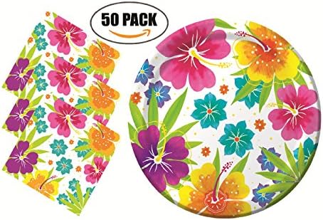 Tropical Luau Hawaiian Party Pack for 50 Guests - Plates (50) and Napkins (100)