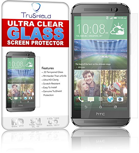 HTC One M8 Screen Protector - Tempered Glass - Package Includes Microfiber Cleaning Wipe, Installation Tips with Video - Retail Packaging - by TruShield
