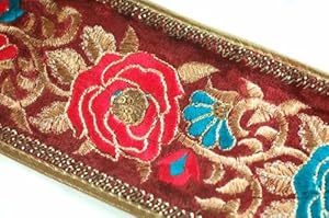 Velvet ribbon base with Indian Embroidery Design. Stunning deep border with a brocade floral jacquard on a velour base. A Salwar Kameeze Border; Fabulous Cocktail dress Item! A Original design only available to Neotrims as part of its Special Embellished Trimmings collection for Dressmaking or Interior Decoration. This one is 8 cms deep in 2 fabulous colour options. Sold by meter or by a complete Saree Border length of 9 meters.