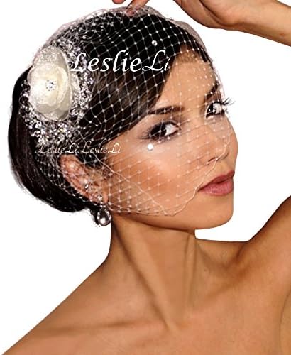 Aster: IVORY Flower with Crystal Florettes on Vine & IVORY Crystal Bridal Birdcage Veil 27-19(iv)-163 Leslie Li