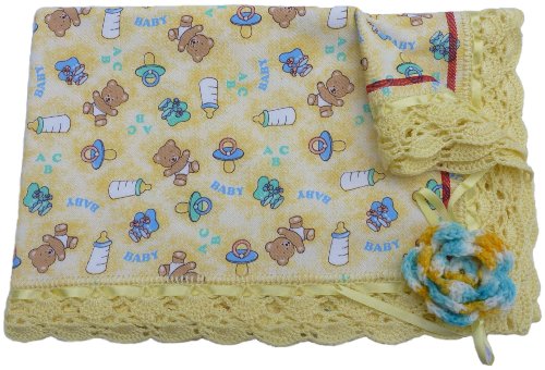 Handmade Baby Blanket with Hand-crocheted Border and Matching Flower Pin for Mom