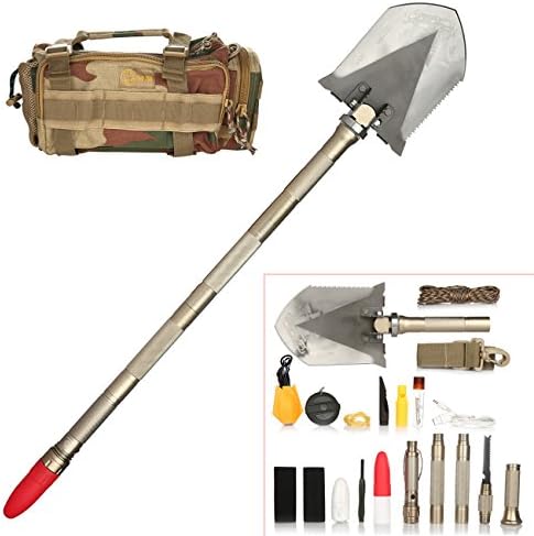 Duoji Tibetan Mastiff Foldable Military DIY Shovel with Chopping Cutting Firing Ice- axe Whistling Reinforcing Bar Lighting Charging Functions for Outdoor Camping Hiking