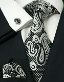 LANDISUN 58G BLACK WHITE PAISLEY SET:TIE+HANKY+CUFFLINKS