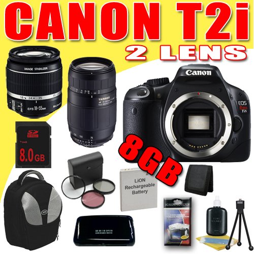 Canon EOS Rebel T2i 18 MP CMOS APS-C Digital SLR Camera w/ Canon EF-S 18-55mm f/3.5-5.6 IS Lens + Tamron AF 75-300mm f/4.0-5.6 LD Lens LPE8 Battery Filter Kit 8GB Backpack DavisMAX Bundle