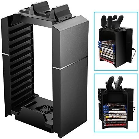 Junya PS4 Vertical Stand Cooling Fan for PS4 / PlayStation 4 Pro / Slim with PlayStation Move &amp; Dualshock Controller Charging Station Game Storage Tower