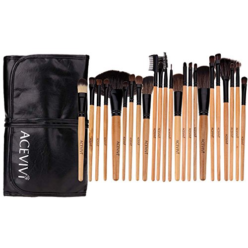 ACEVIVI Professional 24 pcs Original Wooden Handle Handmade Cosmetic Makeup Brushes Facial Brush Kit Set with Leather Case