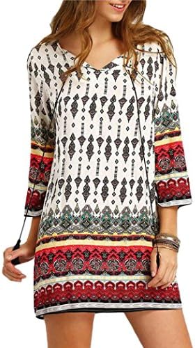 Leoy88 Women Girls Sexy V Neck Boho Bohemian Print Beach Dress (L(Bust:104CM/40.9"), A)