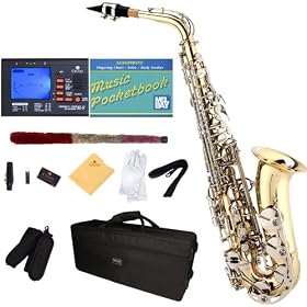 Mendini MAS-LN Gold Lacquered Body w/ Nickel Plated Keys E Flat Alto Saxophone + Case, Accessories & Free Chromatic Tuner with Metronome