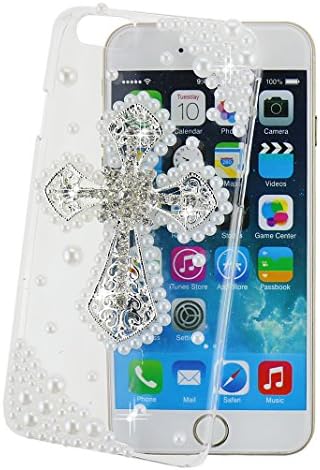 Ancerson Hard Back Case for Apple iPhone 6(4.7") Sparkly Elegant 3D Handmade Luxury Shining Glitter Crystal Diamond Rhinestones Cover with a Red Stylus Touchscreen Pen, a 3.5mm Universal Crystal Diamond Rhinestones Bling Lovely Silvery Flower Blue Panda Pendant Dust Plug and a Cleaning Cloth(Transparent Clear) (White Pearls Silvery Cross)