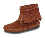 Hi Top Back Zip Fringe Boot in Brown Suede