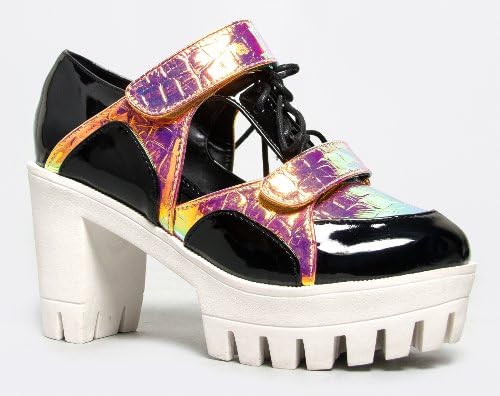Privileged CAPTAIN Iridescent Holographic Lace Up Lug Sole Heeled Bootie