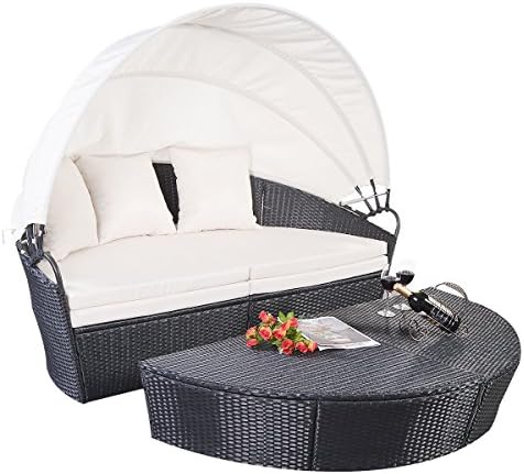 Outdoor Patio Sofa Furniture Round Retractable Canopy Daybed Black Wicker Rattan