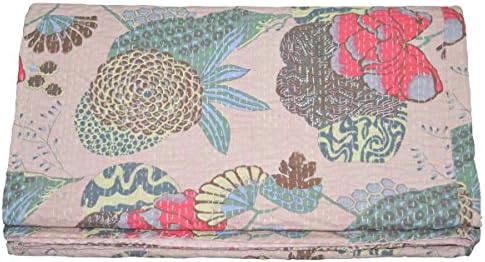 Rajcrafts Fruit Print Kantha Work Rajasthani Double Gudari Queen Beige