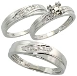 14k White Gold Trio 3-Piece His (6mm) & Hers (4mm; 6mm) Wedding Band Set, w/ 0.27 Carat Baguette, Brilliant Cut & Invisible Set Diamonds; (Men's Size 9 to 12; Ladies' Size 6 to 8)
