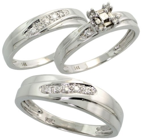 14k White Gold Trio 3-Piece His (6mm) & Hers (4mm; 6mm) Wedding Band Set, w/ 0.27 Carat Baguette, Brilliant Cut & Invisible Set Diamonds; (Men's Size 9 to 12; Ladies' Size 6 to 8)