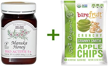 Best New Zealand Honey, 100% Raw Certified Manuka Honey, Bio Active 5+, 1.1 lbs (500 g), Bare Fruit, Granny Smith Apple Chips, 2.2 oz (63 g)