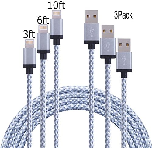 Suplink 3pcs 3FT 6FT 10FT Extra long Cord 8 Pin Lightning to USB Charging Cables for iPhone SE/6/6s/6 plus/6s plus,5c/5s/5,iPad Pro/Air/Mini, iPod Nano/Touch (gray white)