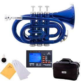 Mendini MPT-BL Blue B Flat Pocket Trumpet w/ Case, Accessories & Chromatic Tuner with Metronome