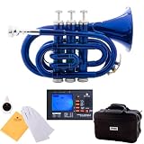 Mendini MPT-BL Blue B Flat Pocket Trumpet w/ Case, Accessories & Chromatic Tuner with Metronome
